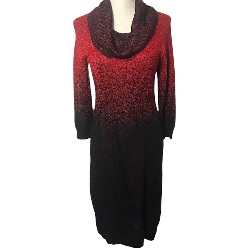 NY Collection red black Metallic Knit Long Sleeve Cowl Neck Ombre dress small